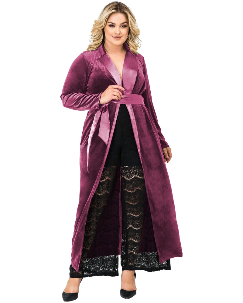 Front of a model wearing a size 1X Women's Velvet Wrap Satin Belt Midi Coat Dress in ROSE by Standards & Practices. | dia_product_style_image_id:280894
